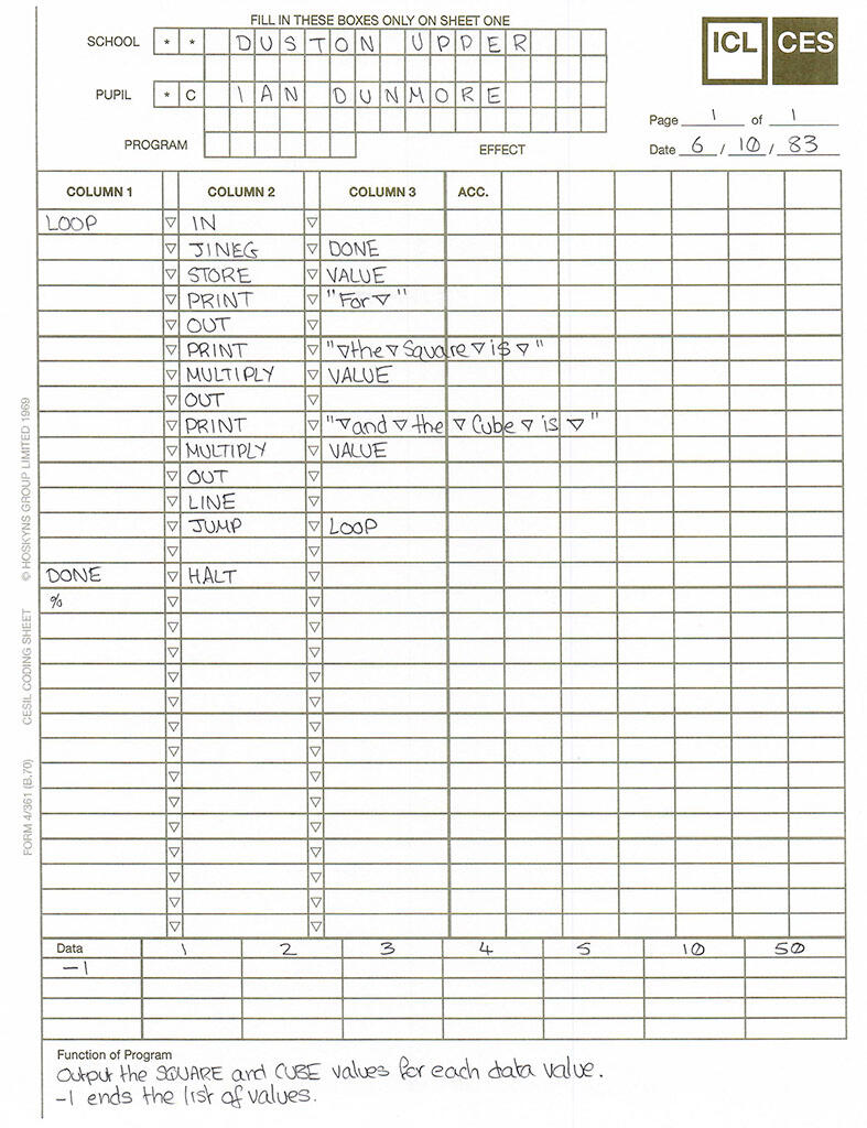 Example Coding Sheet and one of my first CESIL programs.