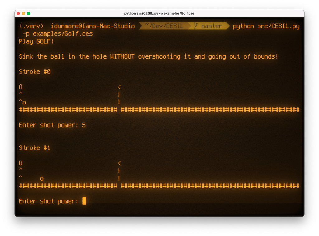 Screen shot of "golf.ces" in play, and a link to the "golf.ces" file.