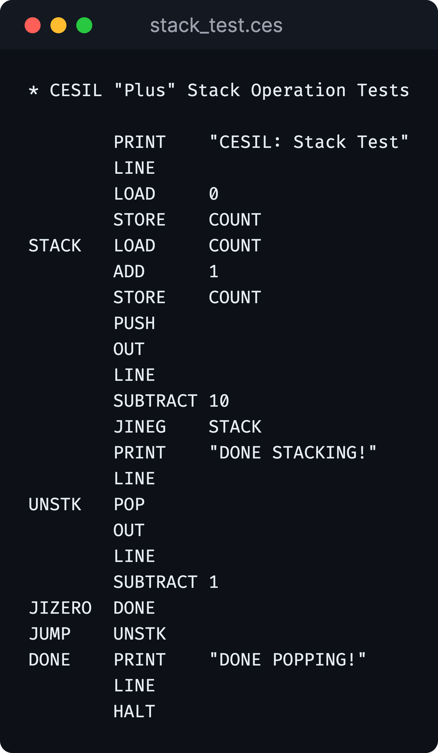 Image of, and link to, "stack_test.ces" subroutine example.
